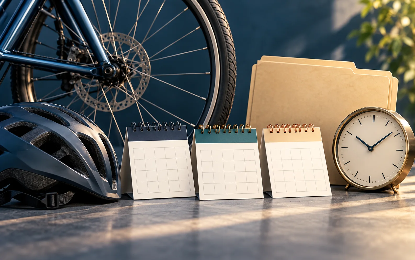 Bicycle wheel and helmet beside blank calendars, a case folder, and a clock