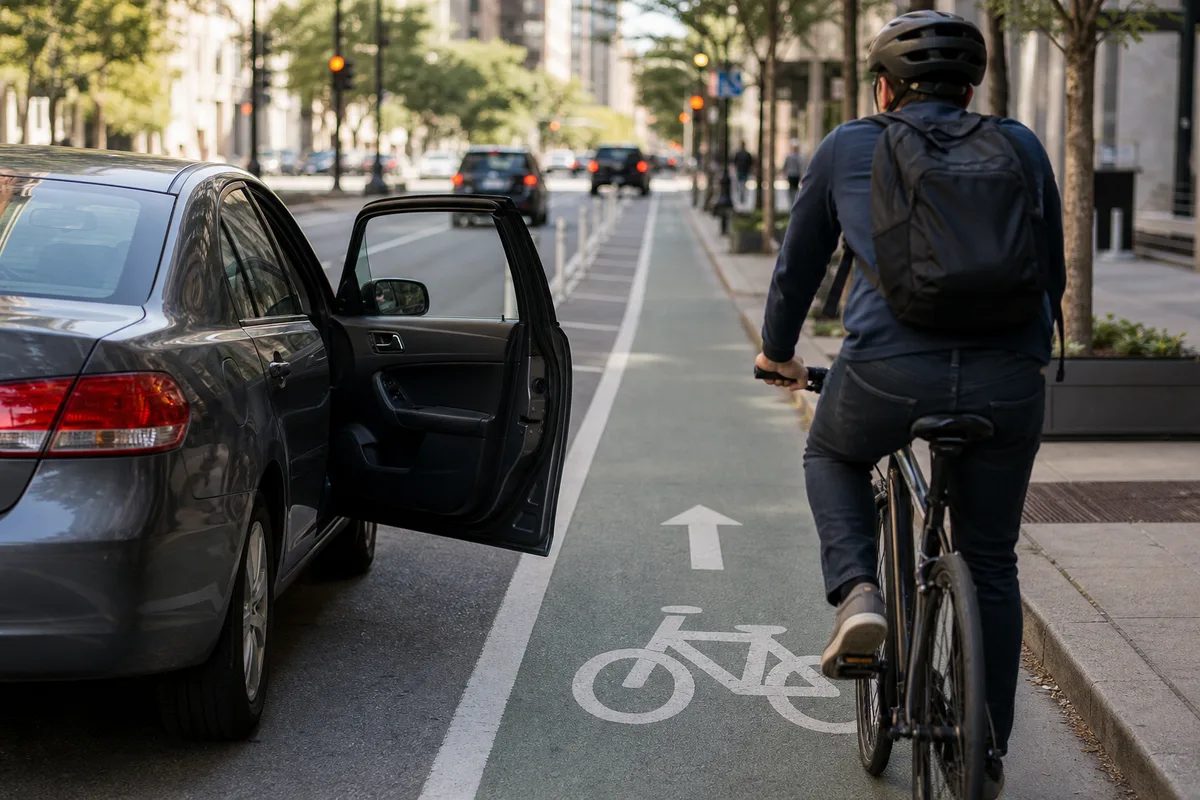 Open car door extending into a painted bike lane after a cyclist dooring crash
