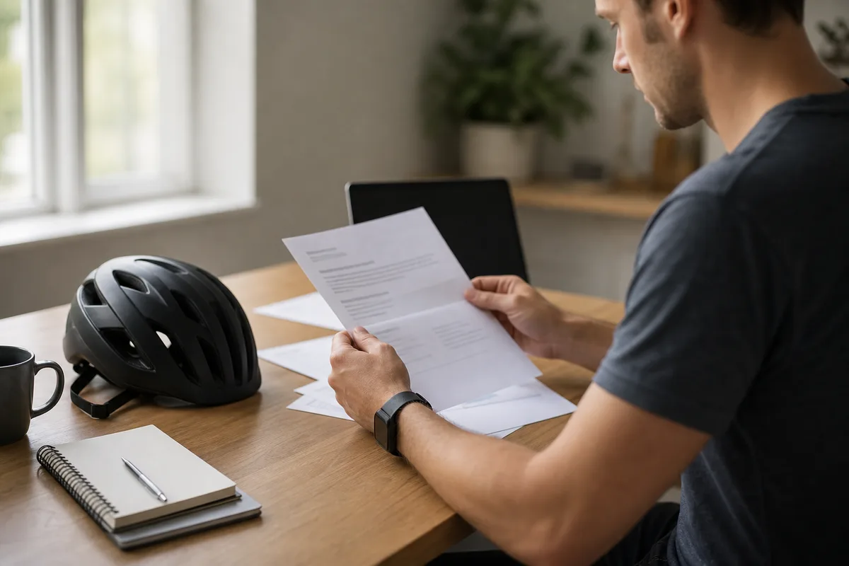 Cyclist reviewing auto insurance, health insurance, and medical bills after a bicycle crash