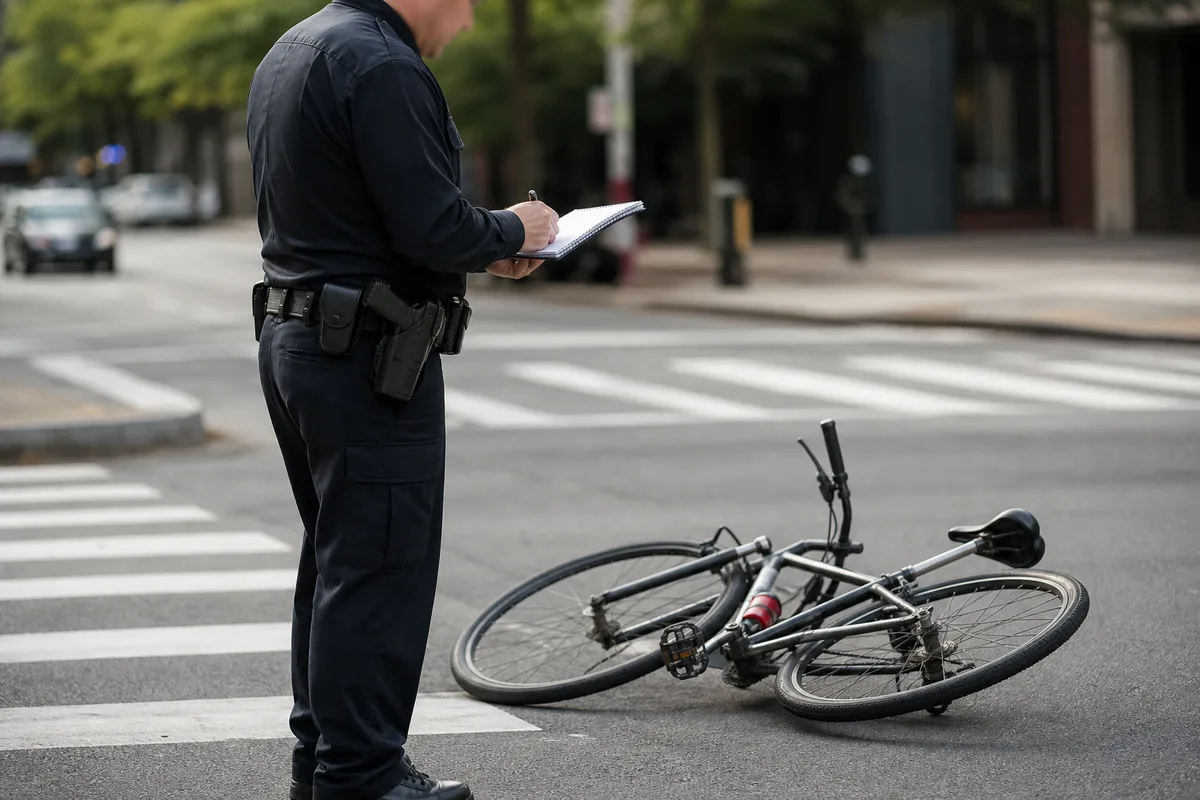 Police officer documenting a bicycle crash scene beside a marked bike lane