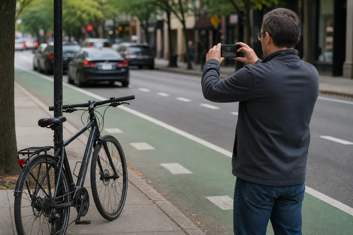 Cyclist photographing a damaged bicycle, helmet, and lane markings after a city crash