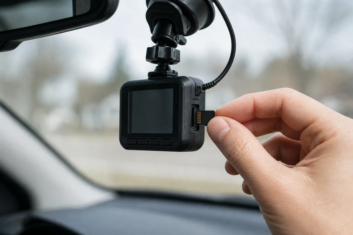 Dashcam memory card and laptop displaying paused roadway footage after a collision