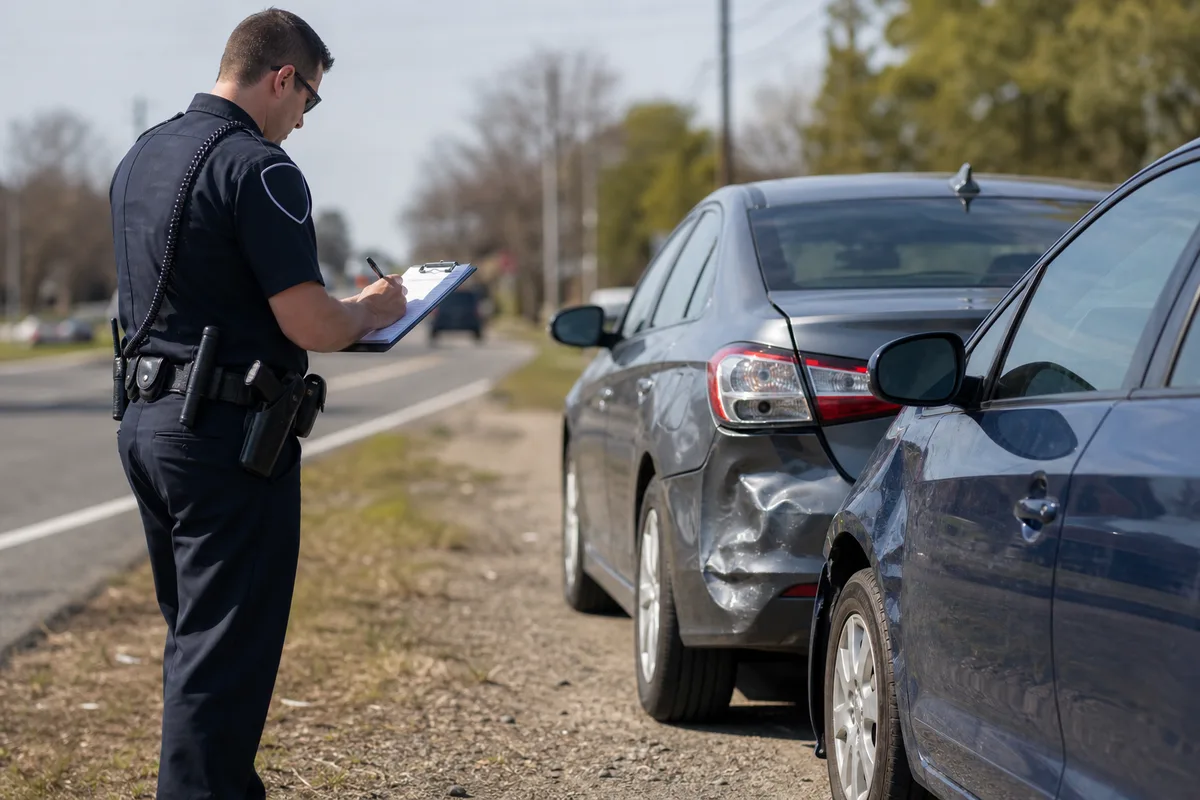 Police officer documenting a roadside car accident while drivers stand safely away from traffic