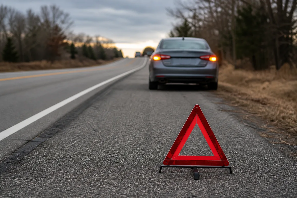 Two damaged cars stopped near a roadway shoulder with visible hazard lights and debris after a collision