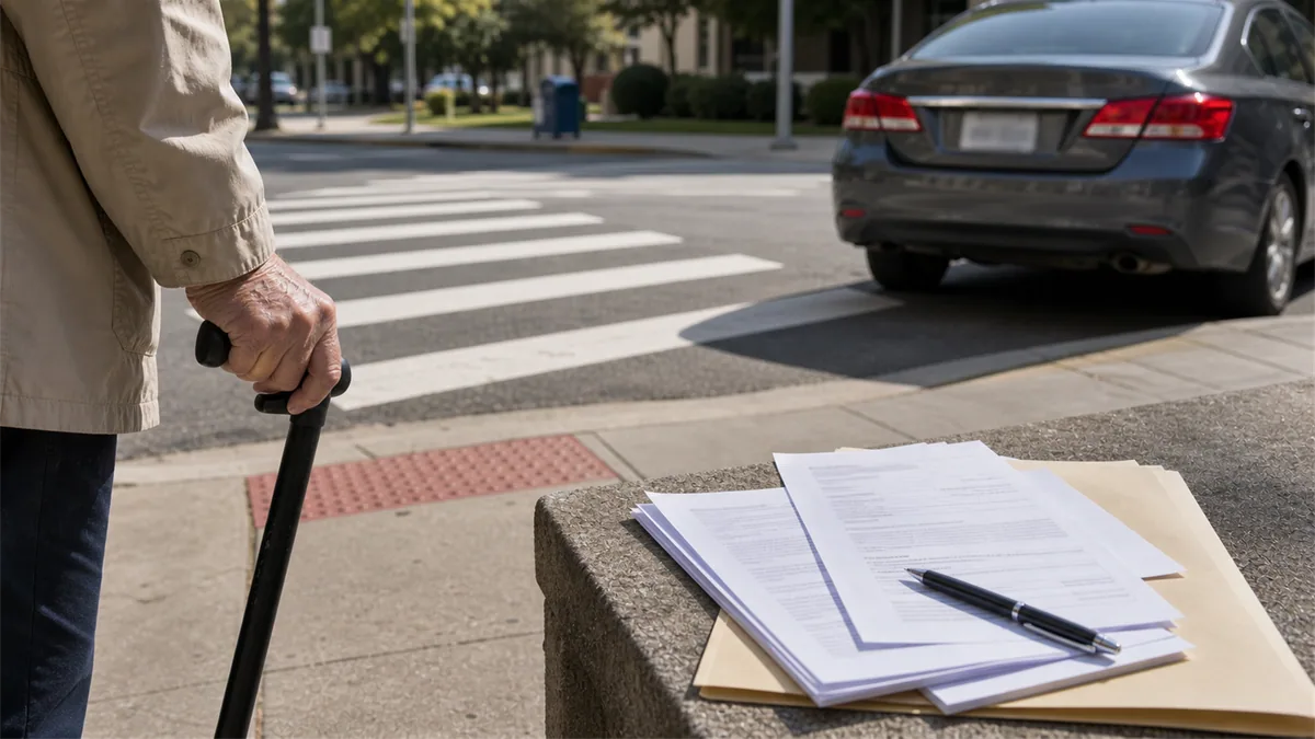 Documentary-style pedestrian accidents scene for "Elderly Pedestrian Accident Claims".