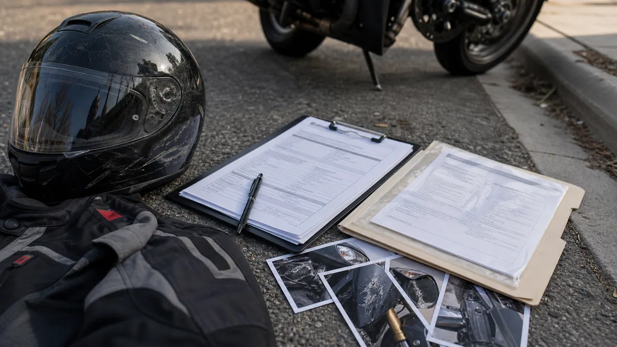 Documentary-style motorcycle accidents scene for "Helmet Laws and Compensation".