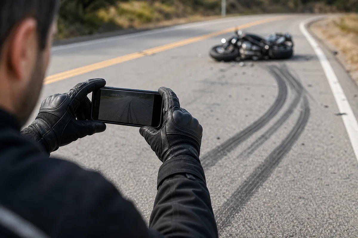 Motorcycle crash evidence checklist with phone photos of lane markings and vehicle damage