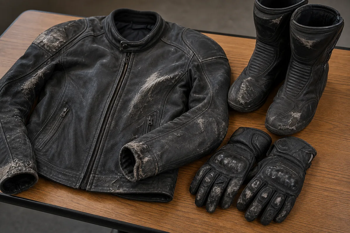 Motorcycle helmet, gloves, jacket, boots, and riding pants separated for evidence preservation
