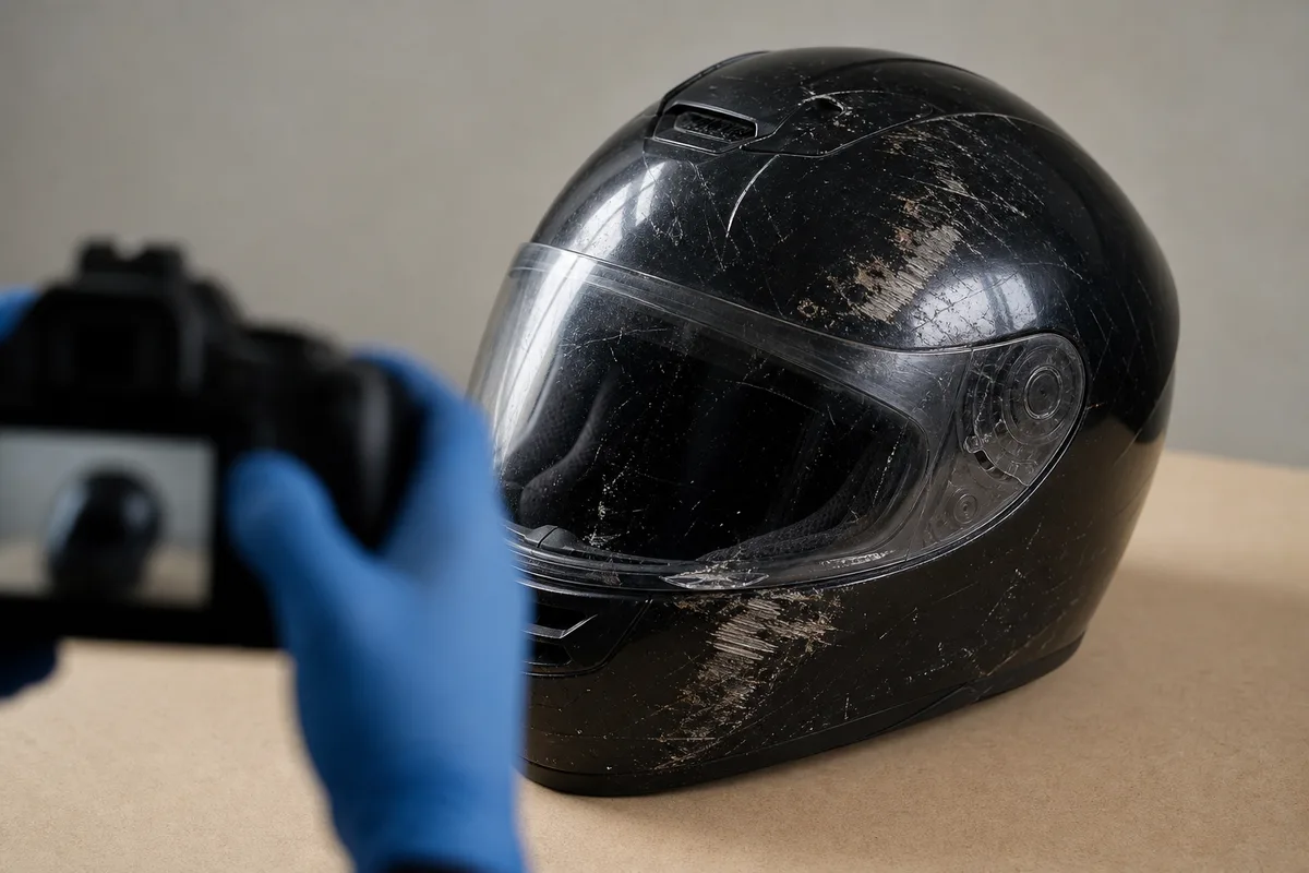 Damaged motorcycle helmet with DOT label photographed beside gloves and an evidence tag