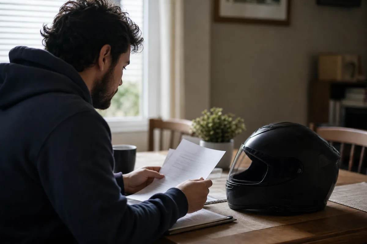 Motorcycle insurance declarations page reviewed beside a helmet and repair estimate