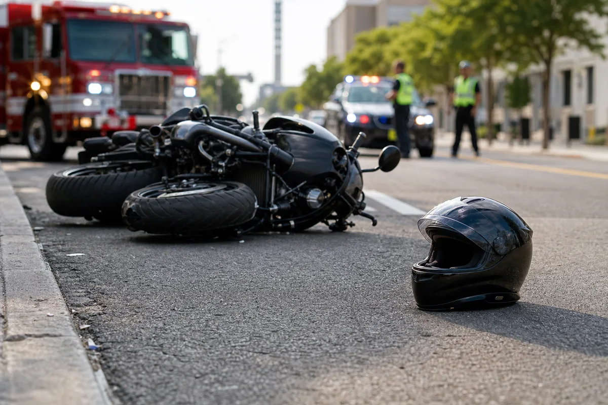 Emergency responders assessing an injured motorcyclist beside a stopped motorcycle at an intersection