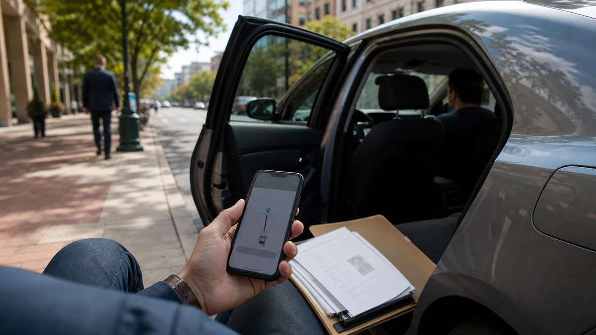 A hand holds a phone beside documents and an open car door
