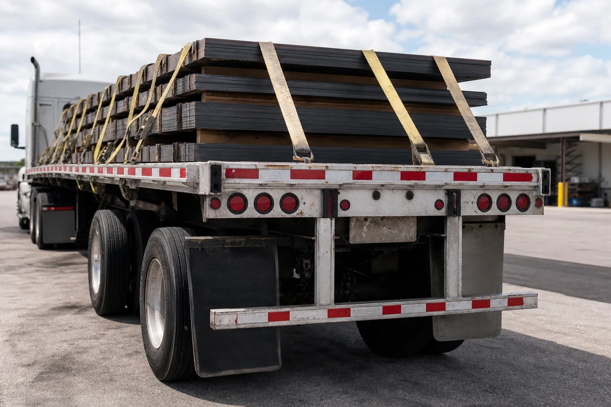 Commercial trailer with cargo securement equipment and underride guard visible after a roadway collision