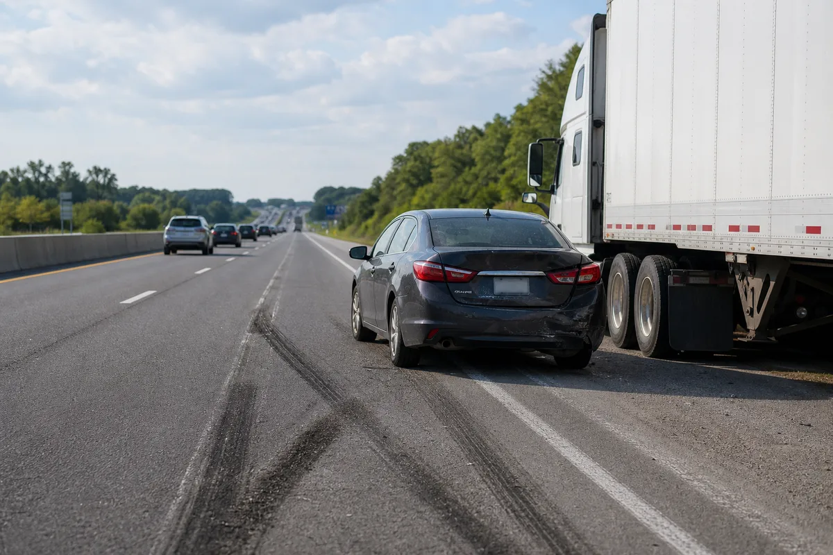 Driver documenting a commercial truck crash scene with photos of roadway markings and vehicle damage