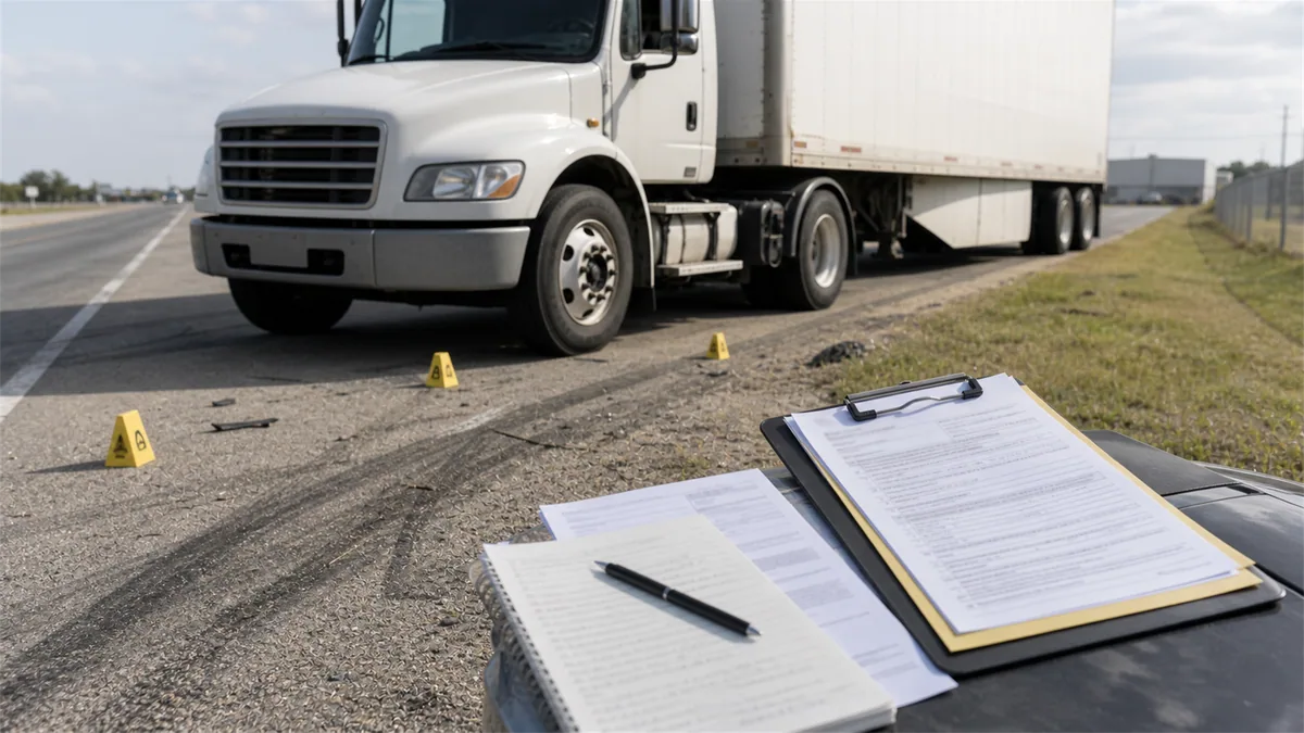 Documentary-style truck accidents scene for "Truck Accident Settlement Guide".