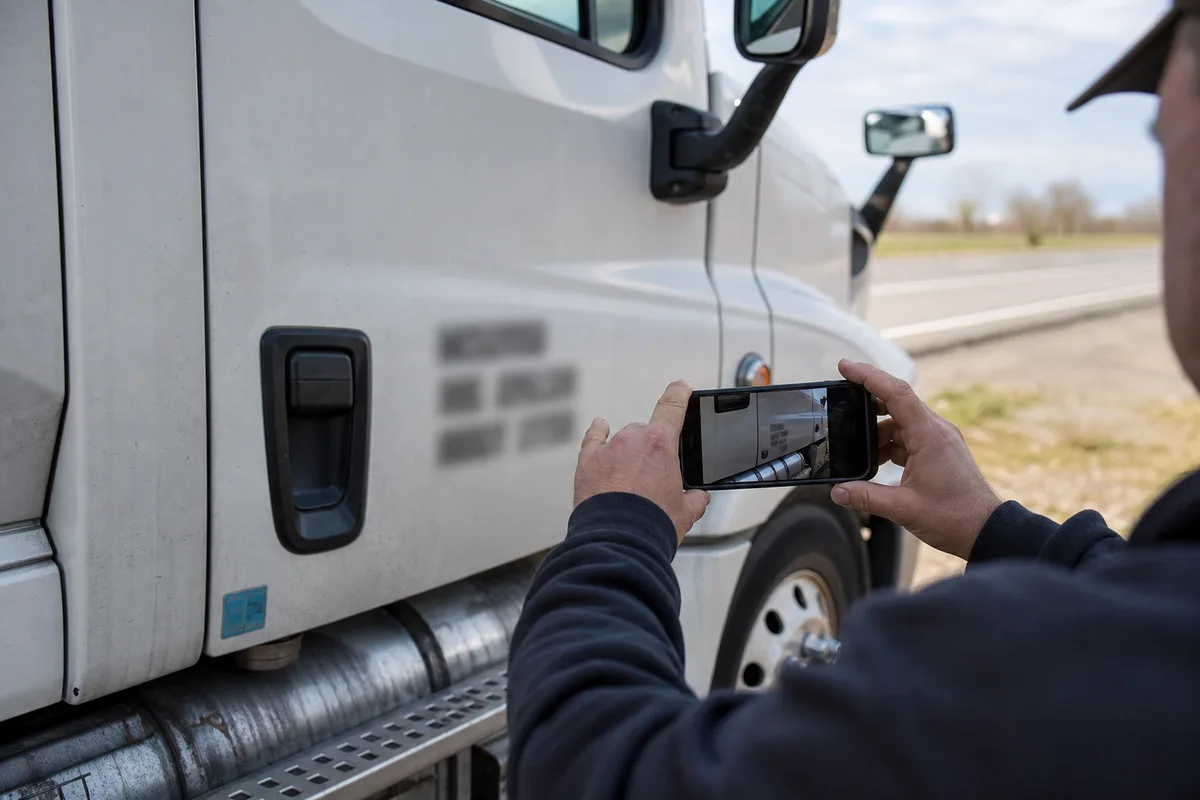 Close view of a tractor-trailer cab door showing USDOT and motor carrier identification markings