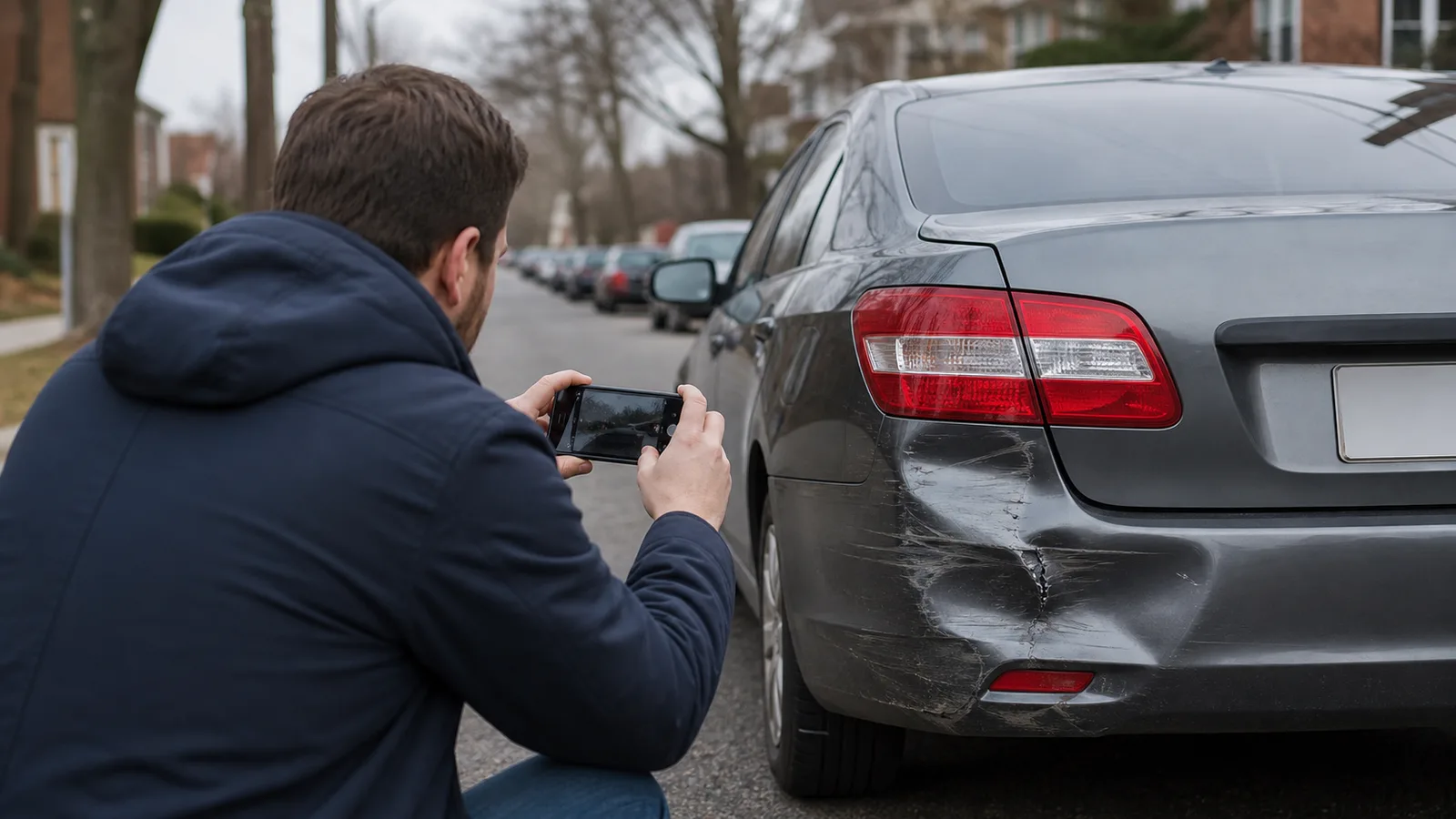 Driver photographing damage to the rear bumper of their sedan at the side of the road after a collision