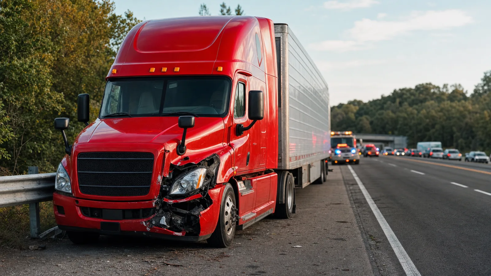 Tractor-trailer with visible front-end damage stopped on the shoulder of a highway with first responders nearby