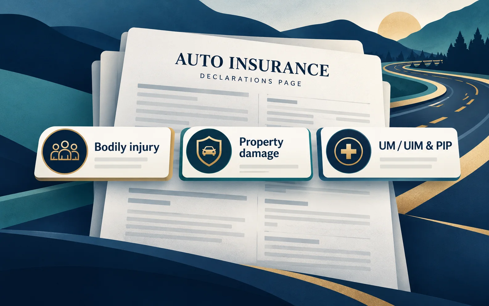 Abstract auto-policy declarations with separate bodily-injury, property-damage, and UM/UIM or PIP categories.