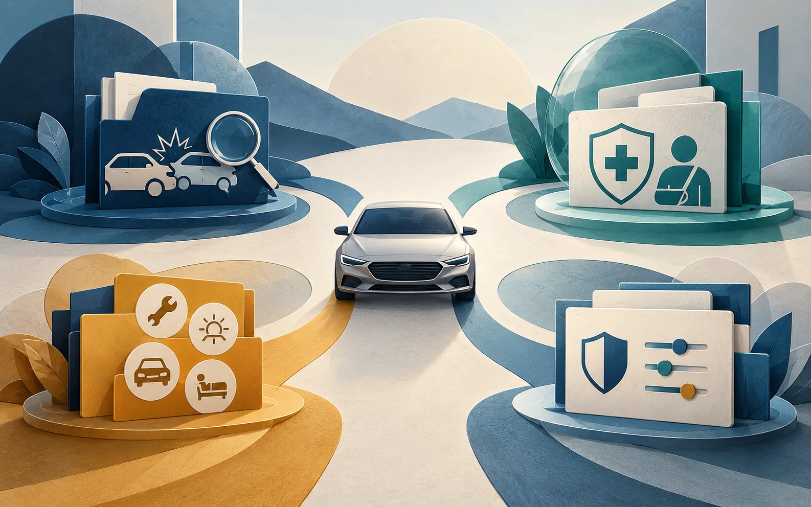 An unmarked car branches to liability, first-party medical benefits, additional benefits, and policy-choice folders.