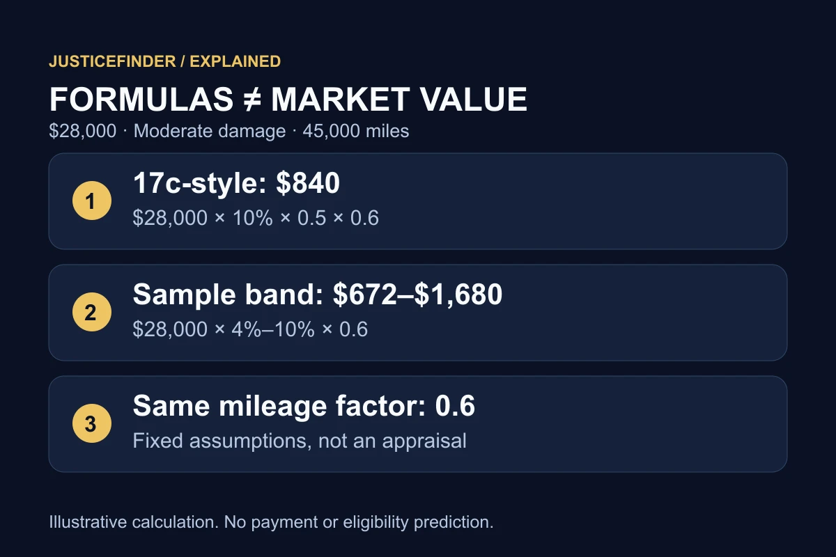 At $28,000, moderate damage and 45,000 miles, the sample formula gives $840 and the sample band gives $672 to $1,680; neither is a market valuation.