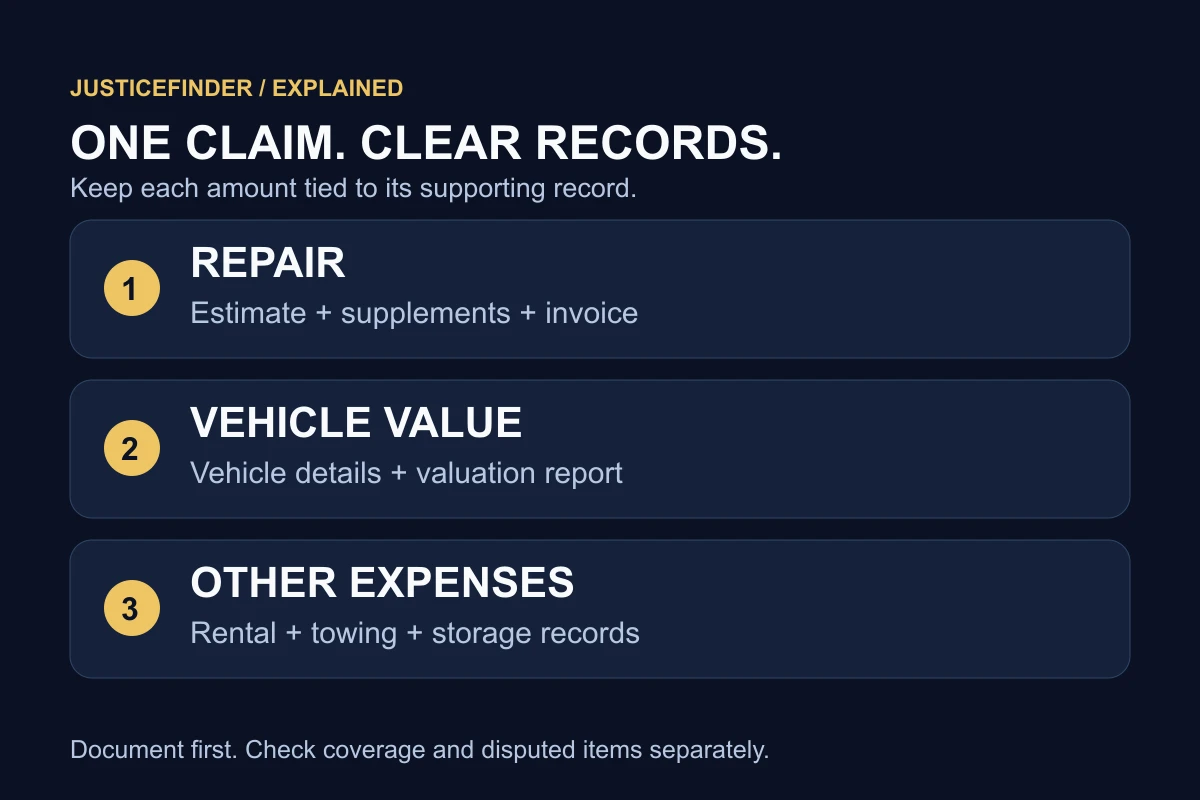Three claim records: repair estimates and invoices, vehicle valuation details, and rental, towing and storage expenses.