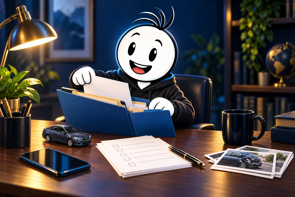 JusticeFinder mascot organizing an accident documentation folder