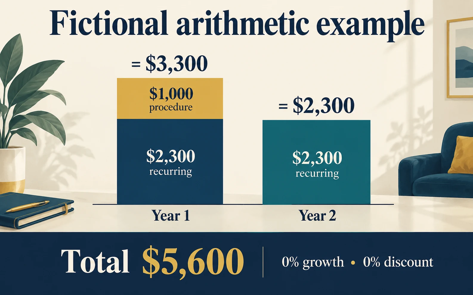Fictional example showing $3,300 in year one and $2,300 in year two, totaling $5,600 before growth or discounting.