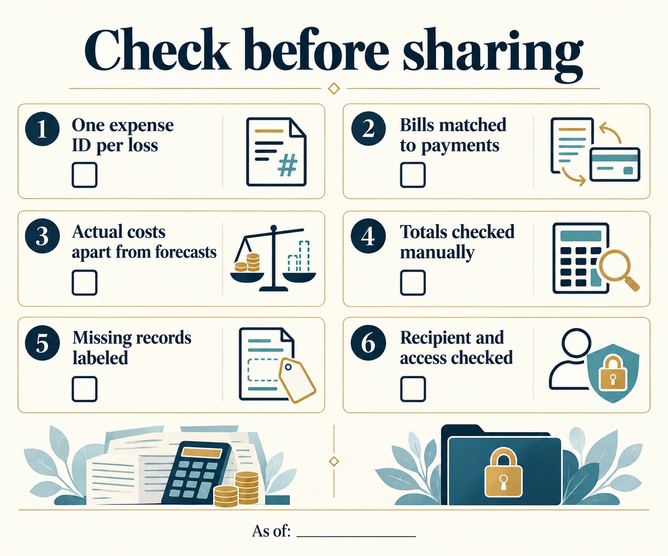 Six checks before sharing an injury tracker: remove duplicates, match payments, separate forecasts, verify totals, identify missing records, and confirm recipient access.