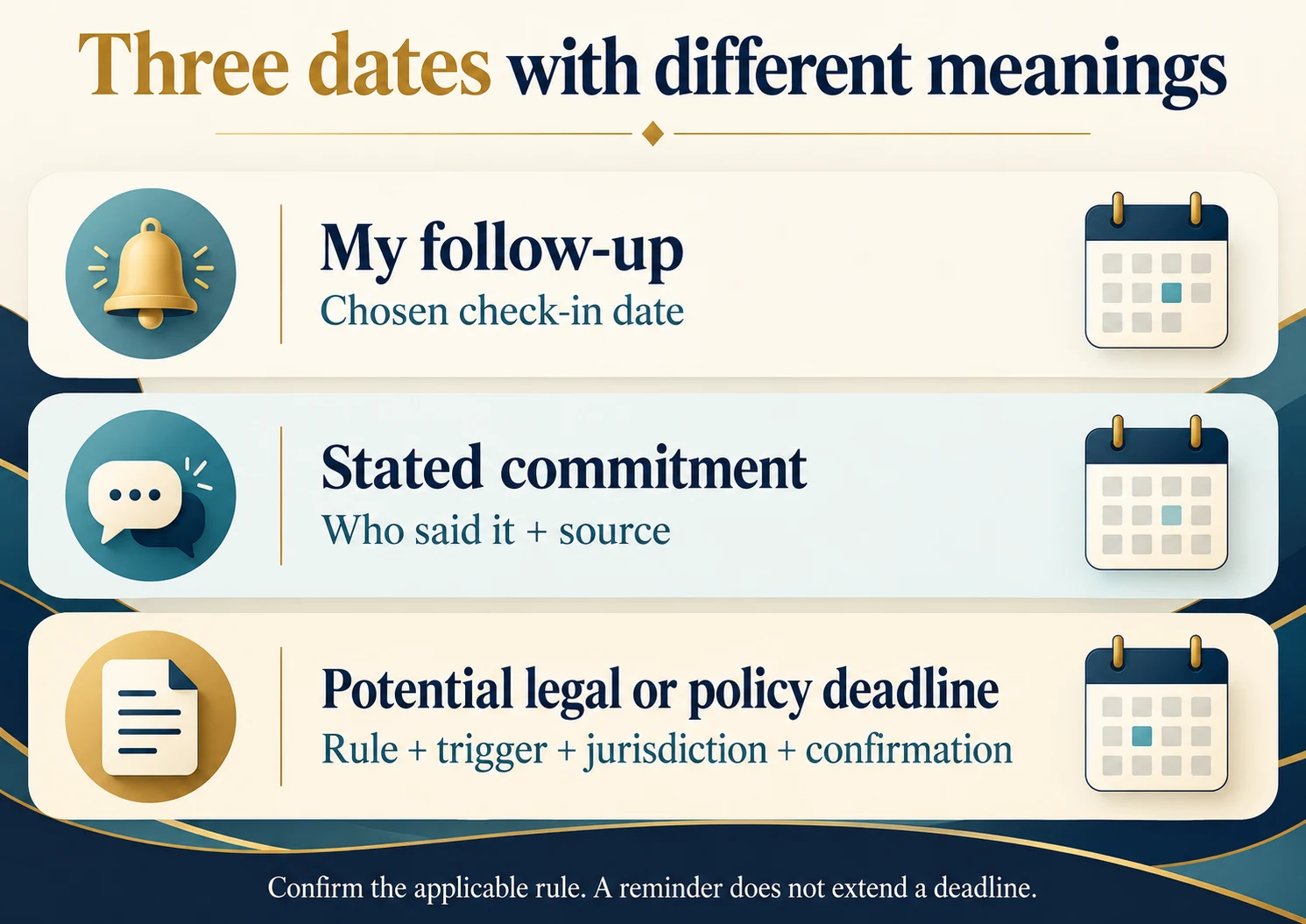 Three date categories separate personal follow-ups, stated commitments, and legal or policy deadlines that require verification.